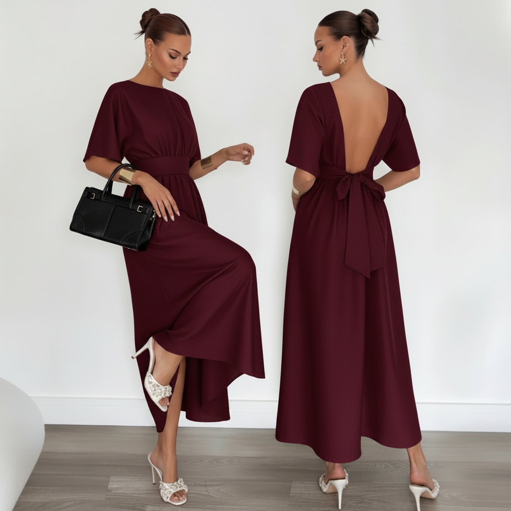 Robe Longue Décontractée Col V au Dos & Taille à Nouer