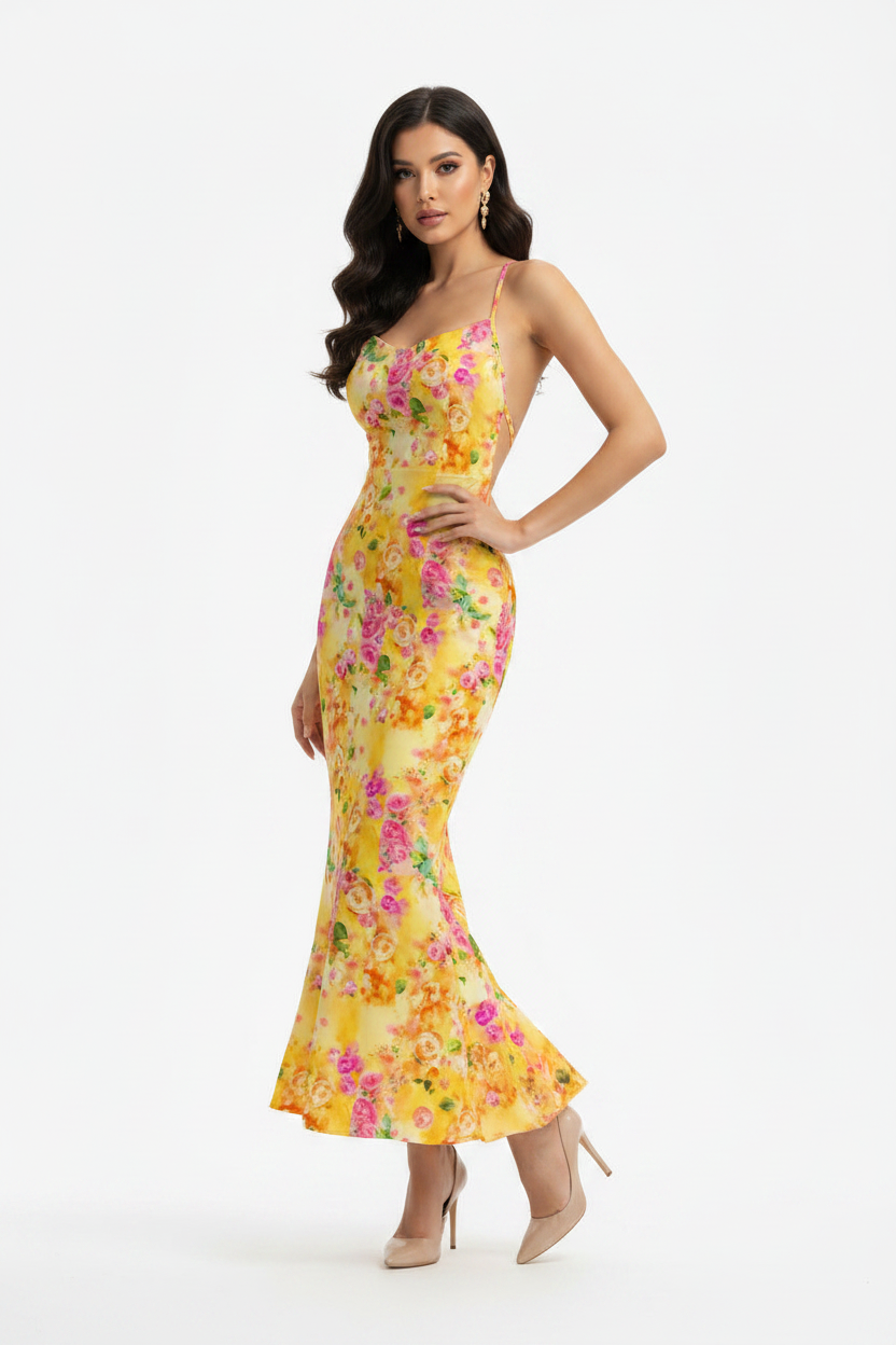 Robe Midi Dos Nu à Imprimé Floral & Col Halter Coupe Sirène