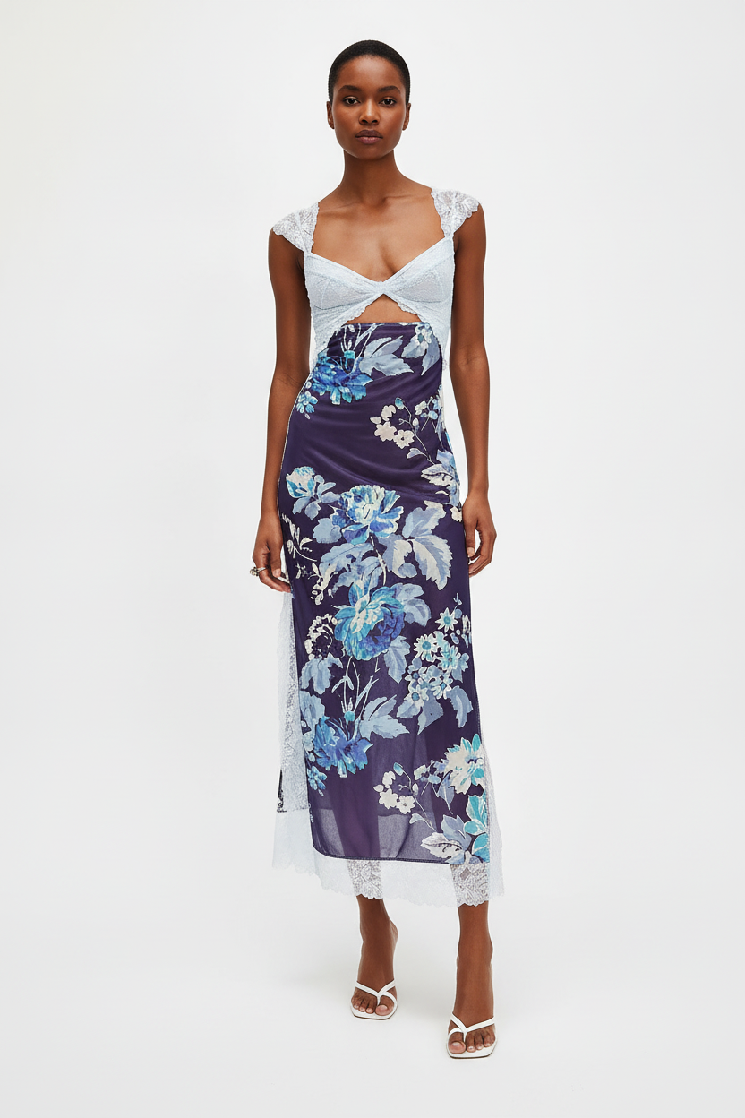 Robe Longue Fendue à Imprimé Floral & Encolure V