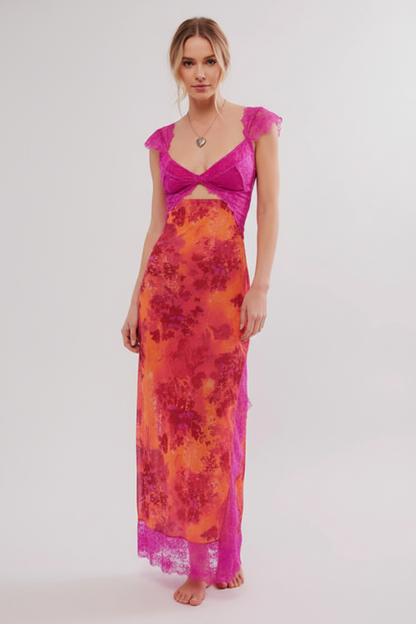 Robe Longue Fendue à Imprimé Floral & Encolure V