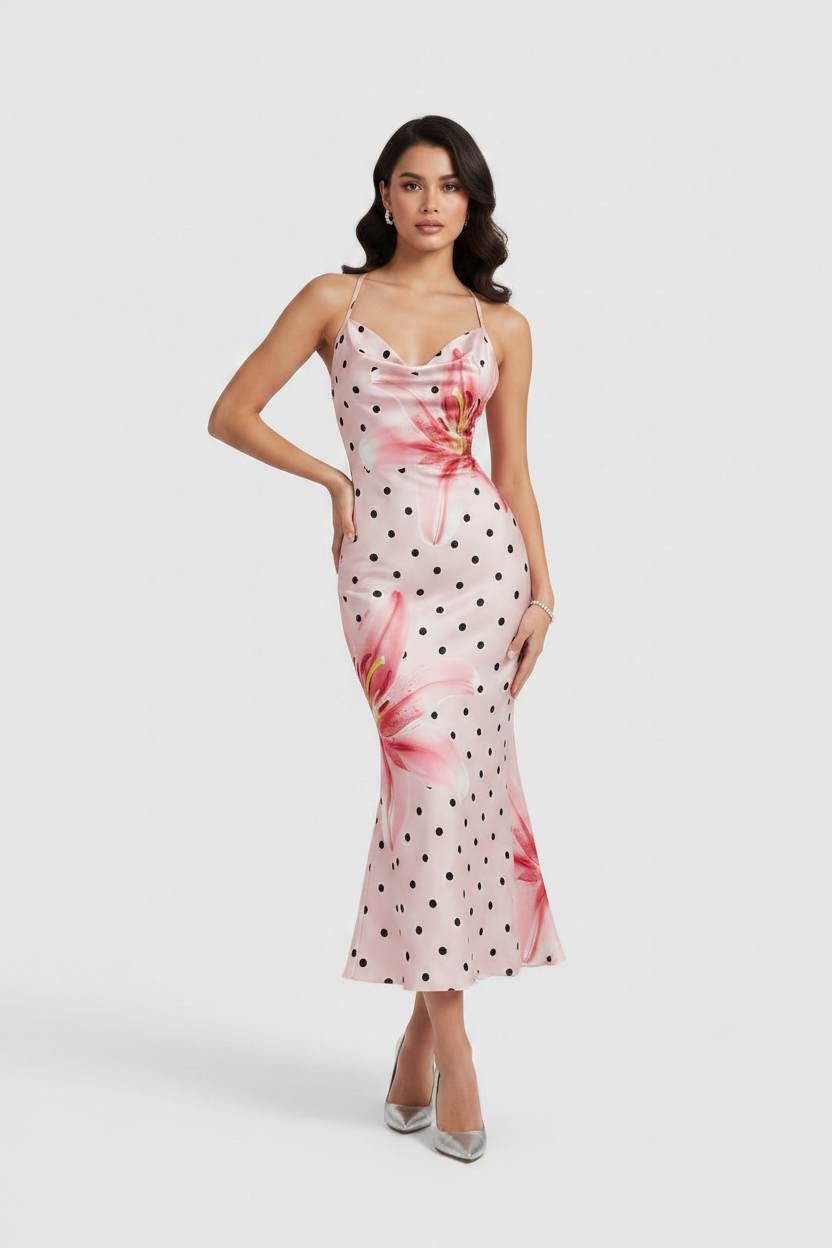 Robe Midi Dos Nu à Imprimé Floral & Col Halter Coupe Sirène