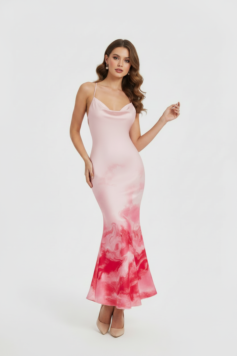 Robe Midi Dos Nu à Imprimé Floral & Col Halter Coupe Sirène