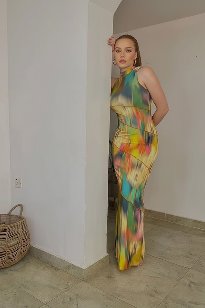 Robe Mi-Longue Imprimée Sans Manches & Col Rond Style Ajusté
