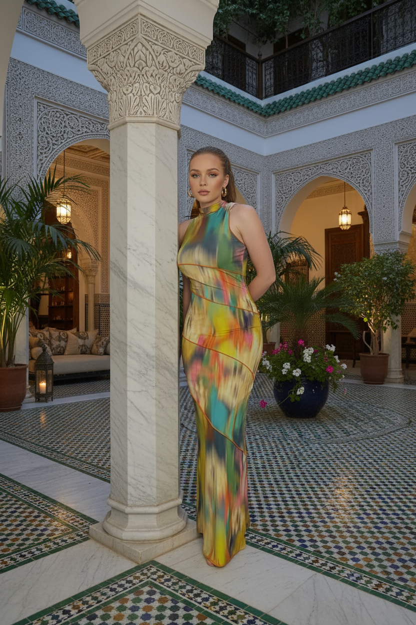 Robe Mi-Longue Imprimée Sans Manches & Col Rond Style Ajusté