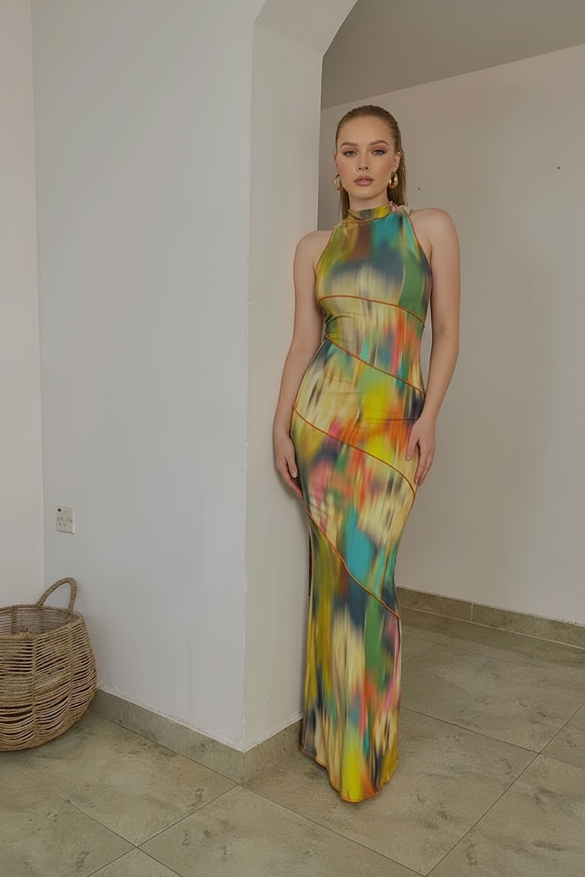Robe Mi-Longue Imprimée Sans Manches & Col Rond Style Ajusté