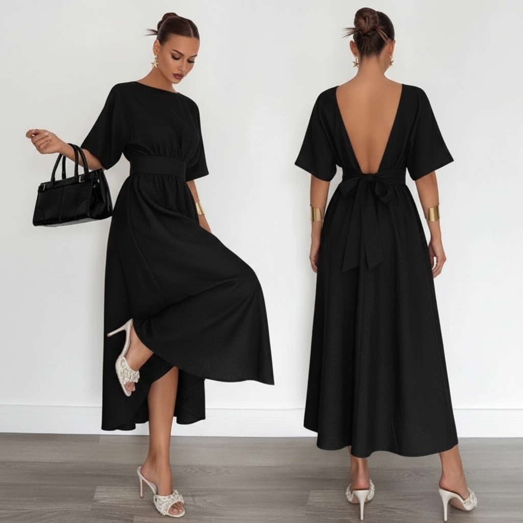 Robe Longue Décontractée Col V au Dos & Taille à Nouer