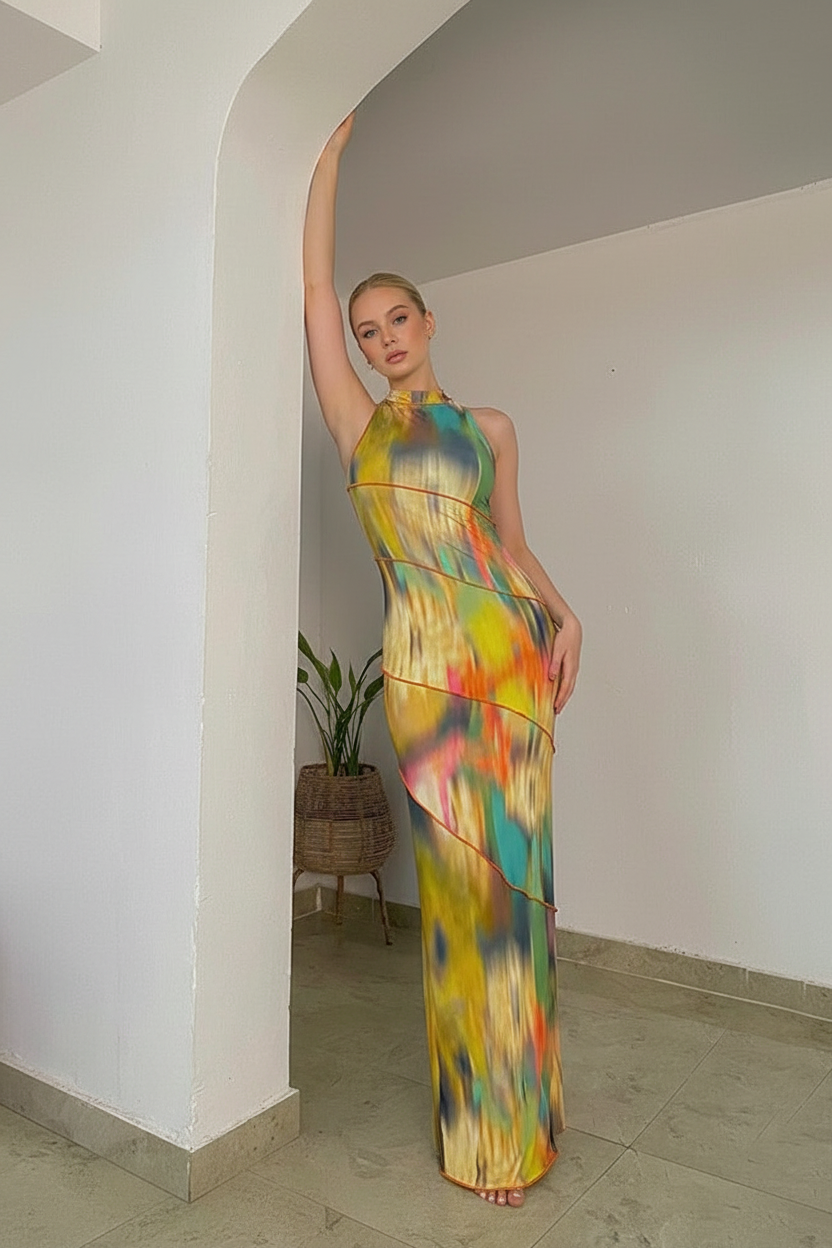 Robe Mi-Longue Imprimée Sans Manches & Col Rond Style Ajusté