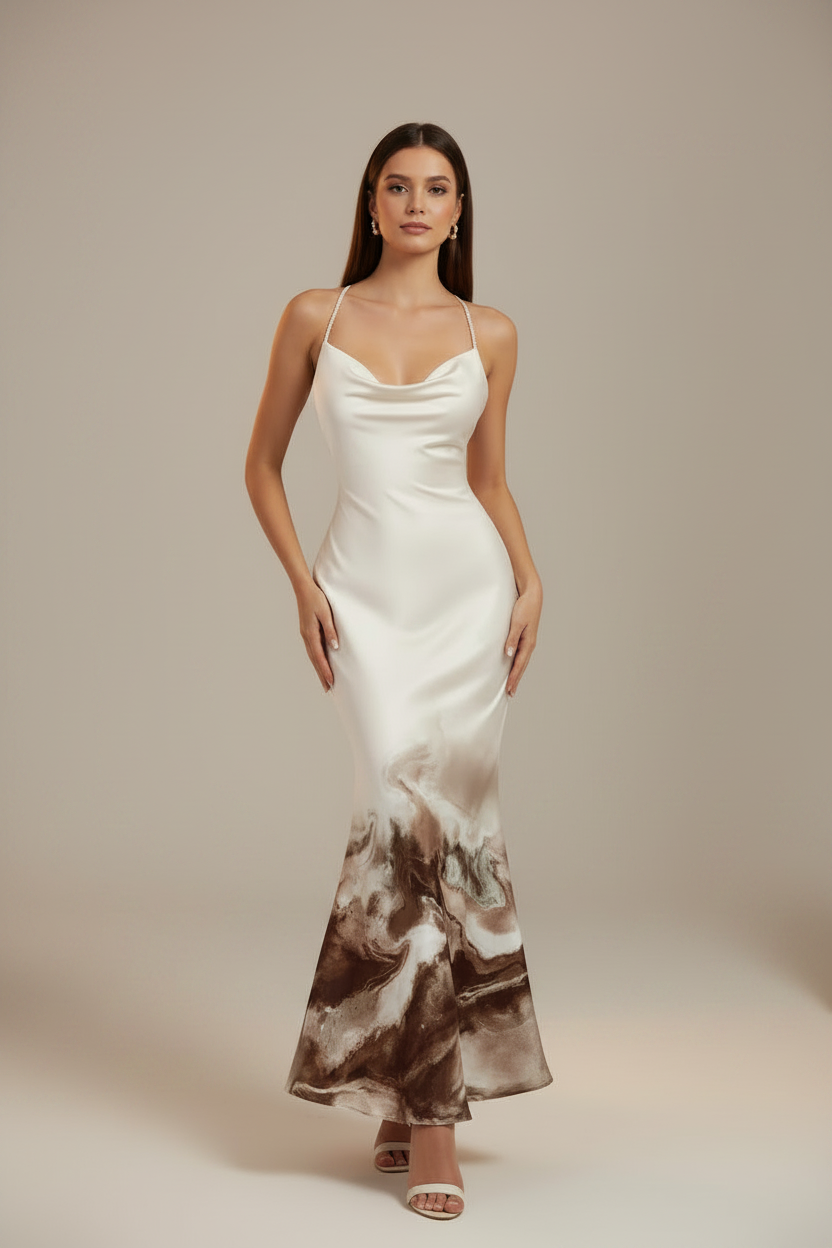 Robe Midi Dos Nu à Imprimé Floral & Col Halter Coupe Sirène