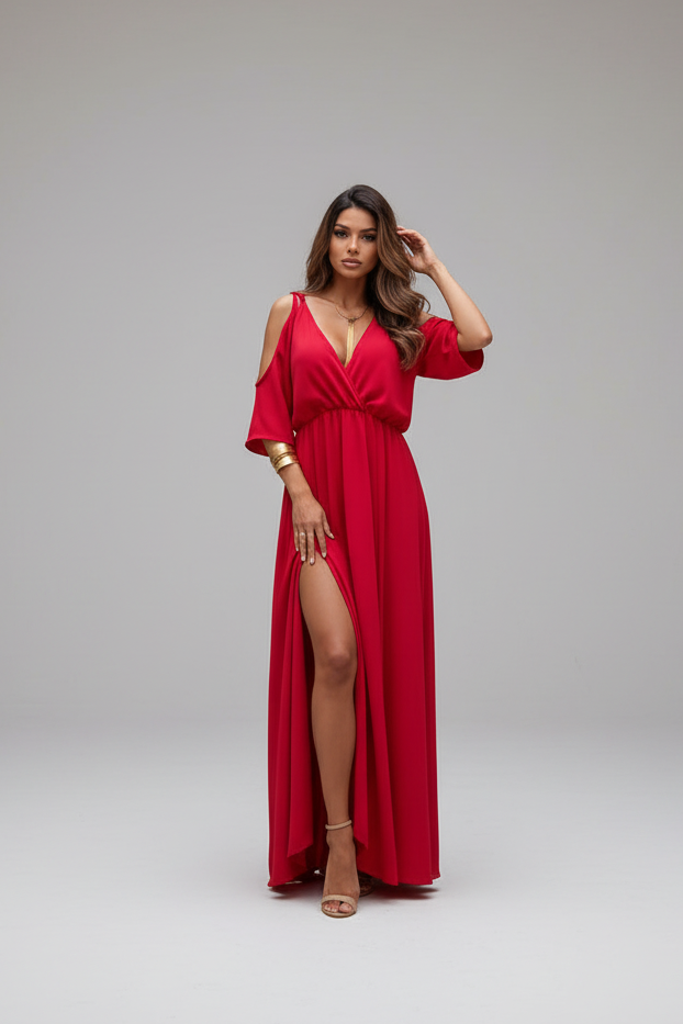 Robe Mi-Longue Fendue à Col en V & Épaules Dénudées Style Bretelles