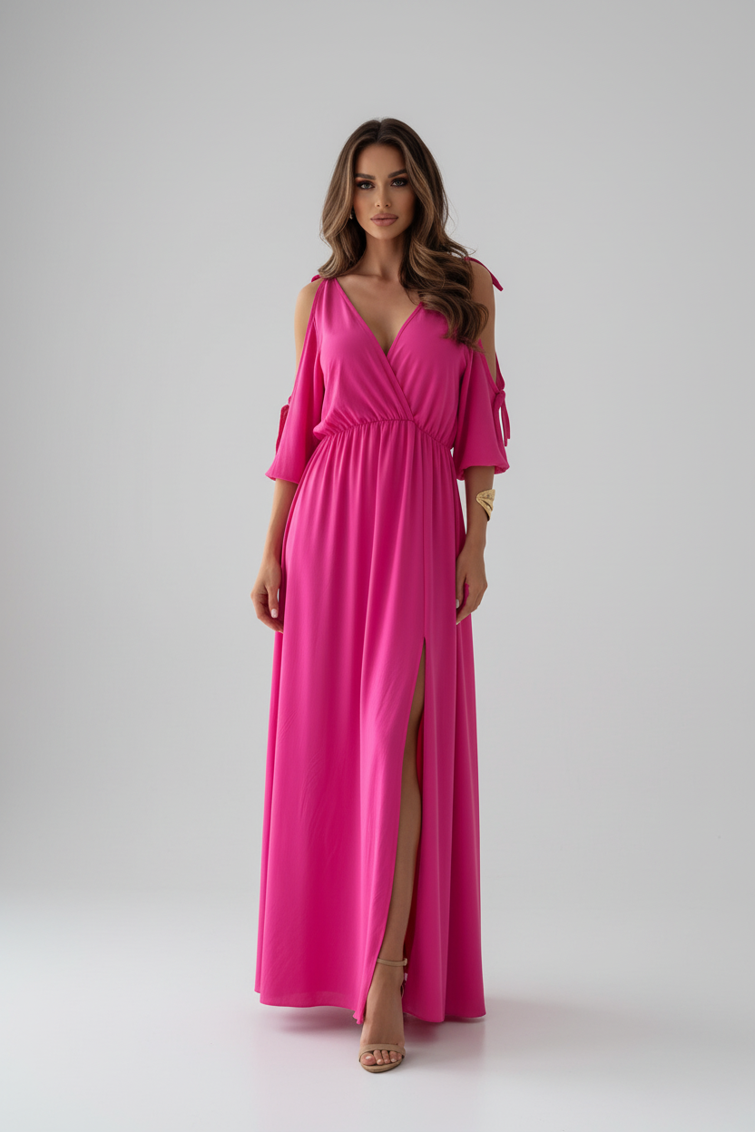 Robe Mi-Longue Fendue à Col en V & Épaules Dénudées Style Bretelles