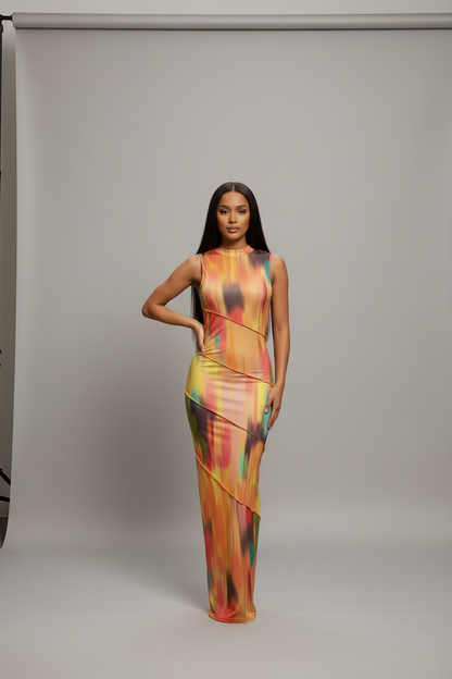 Robe Mi-Longue Imprimée Sans Manches & Col Rond Style Ajusté