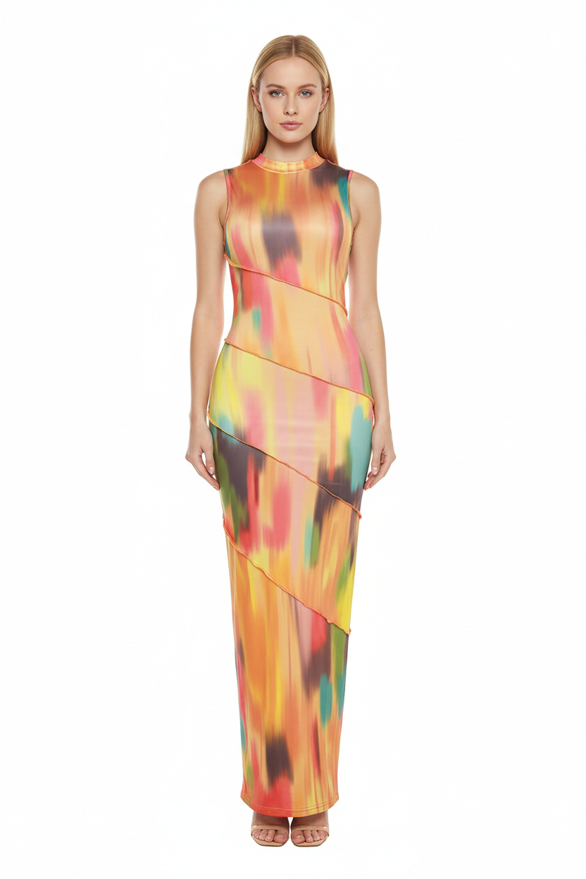Robe Mi-Longue Imprimée Sans Manches & Col Rond Style Ajusté