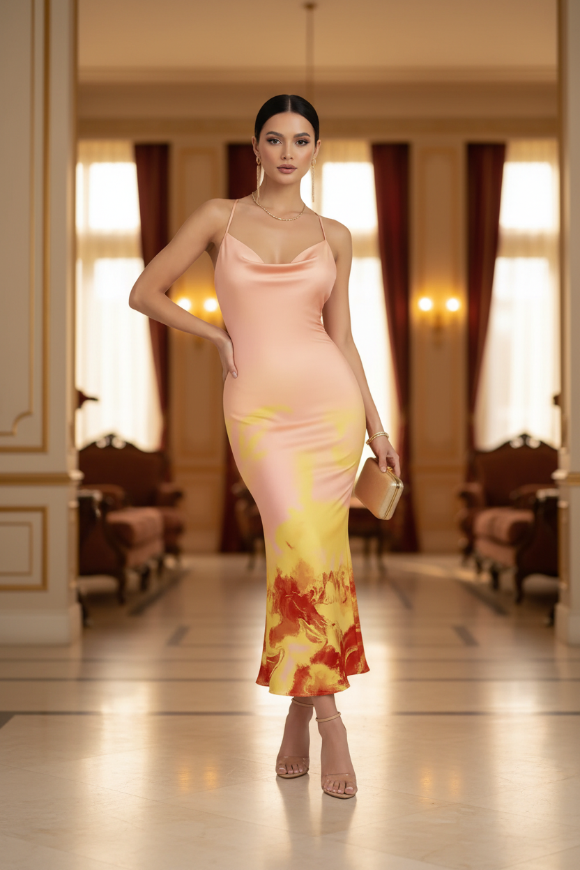 Robe Midi Dos Nu à Imprimé Floral & Col Halter Coupe Sirène