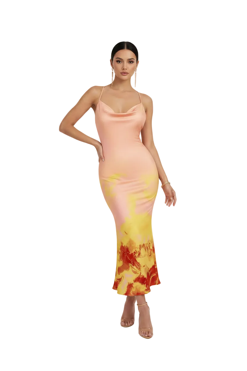 Robe Midi Dos Nu à Imprimé Floral & Col Halter Coupe Sirène
