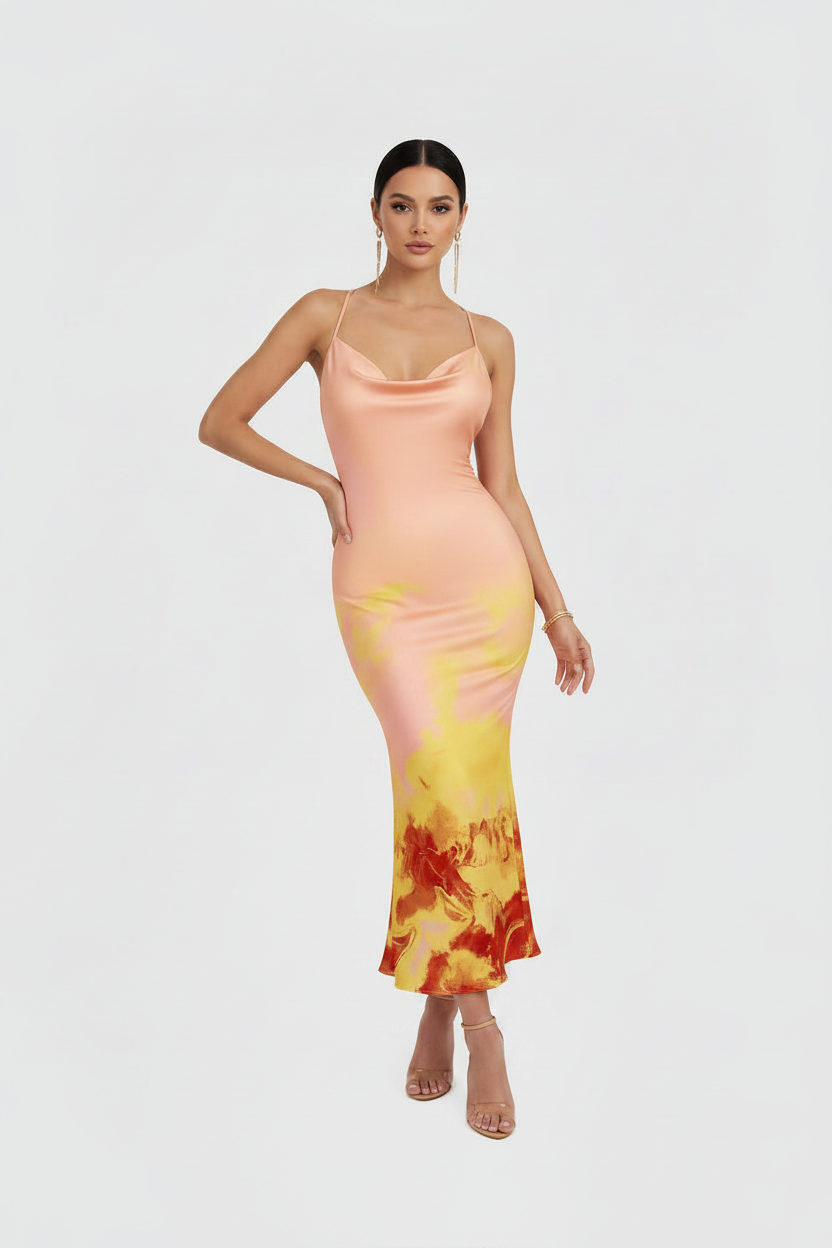 Robe Midi Dos Nu à Imprimé Floral & Col Halter Coupe Sirène