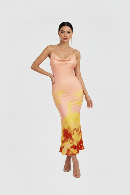 Robe Midi Dos Nu à Imprimé Floral & Col Halter Coupe Sirène