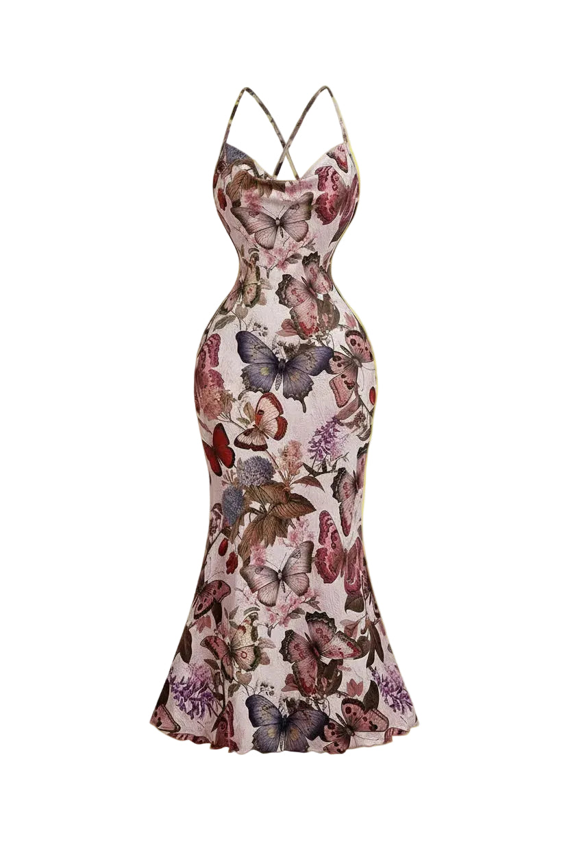 Robe Midi Dos Nu à Imprimé Floral & Col Halter Coupe Sirène