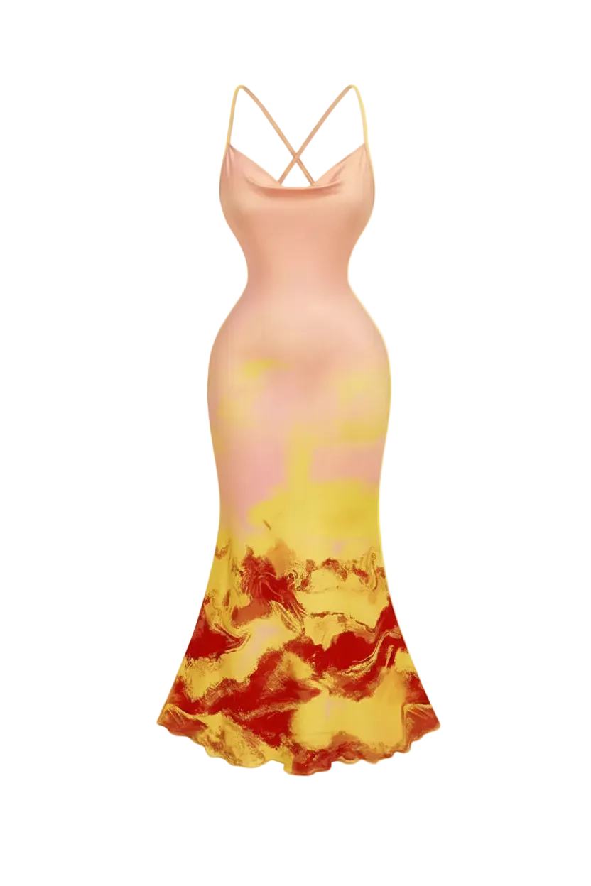 Robe Midi Dos Nu à Imprimé Floral & Col Halter Coupe Sirène