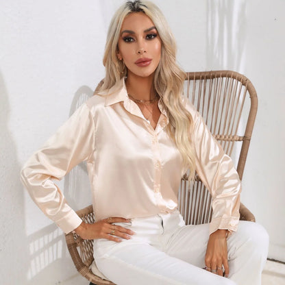 Chemise Satinée Élégante à Manches Longues - Col Boutonné Femme