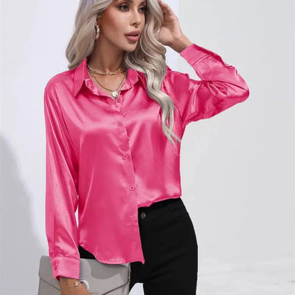 Chemise Satinée Élégante à Manches Longues - Col Boutonné Femme
