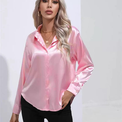 Chemise Satinée Élégante à Manches Longues - Col Boutonné Femme