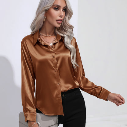 Chemise Satinée Élégante à Manches Longues - Col Boutonné Femme