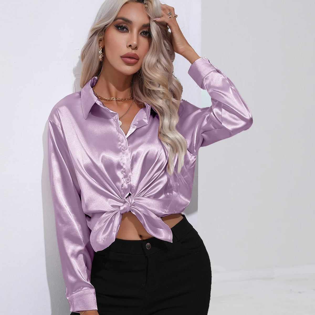 Chemise Satinée Élégante à Manches Longues - Col Boutonné Femme