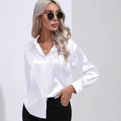 Chemise Satinée Élégante à Manches Longues - Col Boutonné Femme