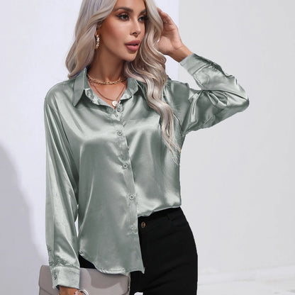 Chemise Satinée Élégante à Manches Longues - Col Boutonné Femme