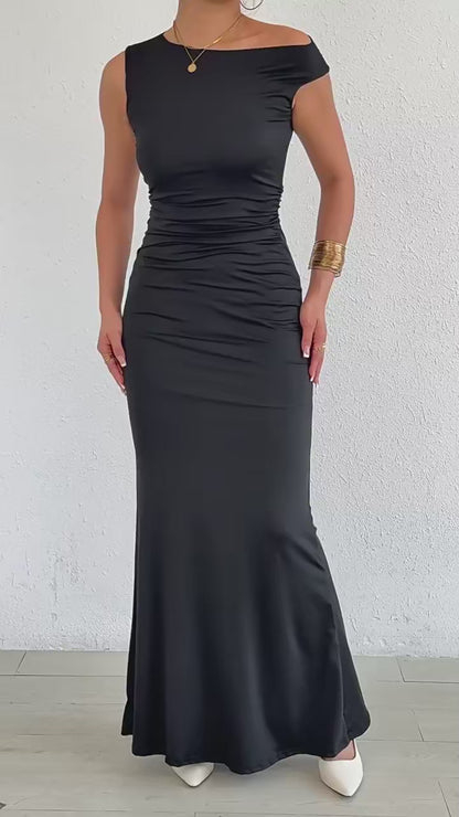 Robe Longue Épaules Dénudées Plissée & Sculptante